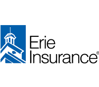 Erie Insurance Company logo, white background, black letters, Thomas B. Hagen Building in blue