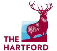 The Hartford Financial Services Group logo, white background, red letters, red male deer