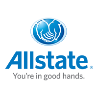 Allstate Insurance logo, You're in good hands in grey letters, Allstate in blue, white background, two hands cupped in blue circle