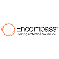 Encompass Creating Protection Around You logo, white background, black letters, orange cirlce