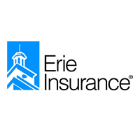 Erie Insurance Company logo, white background, black letters, Thomas B. Hagen Building in blue