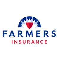 Farmers Insurance logo, white background, blue and white sunrise with red shield in the middle, blue letters for farmers, red letters for insurance