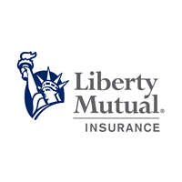 Liberty Mutual Insurance logo, white background, grey letters, Statue of Liberty in blue
