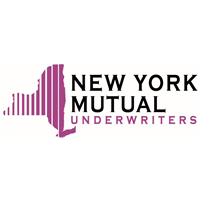 New York Mutual Underwriters logo, black and purple letters with the State of New York in purple with white lines.