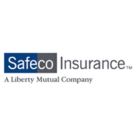 Safeco Insurance a Liberty Mutual Company logo, white background with grey letters, white letters for safeco in blue and grey box