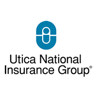 Utica National Insurance Group logo, white background with black letters and blue padlock
