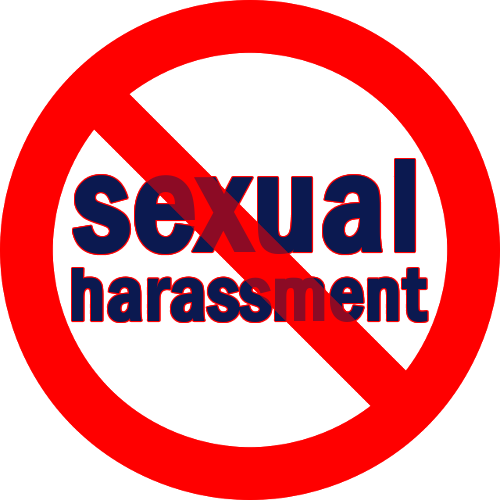 No Sexual Harassment sign with blue letters and red circle with a slash through it