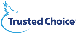 Trusted Choice Logo, white background with blue letters, blue bird flying