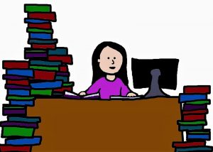 Cartoon picture of woman sitting at a desk behind a computer screen with pile of books stacked up all around her.