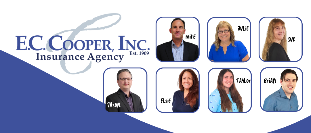 The staff at EC Cooper from left to right top row, Mike Stamp, Julie Wilbur, Susan Steinruck, from left to right bottom row, Jason Kimball, Elsie Baldassarre, Taylor Kelly, and Brian Stamp. Includes the EC Cooper Inc. Insurance Agency, established in 1909 logo on the left of Mike Stamps image