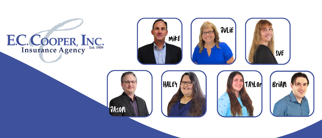 The staff at EC Cooper from left to right top row, Mike Stamp, Julie Wilbur, Susan Steinruck, from left to right bottom row, Jason Kimball, Haley Rexford, Taylor Kelly, and Brian Stamp. Includes the EC Cooper Inc. Insurance Agency, established in 1909 logo on the left of Mike Stamps image