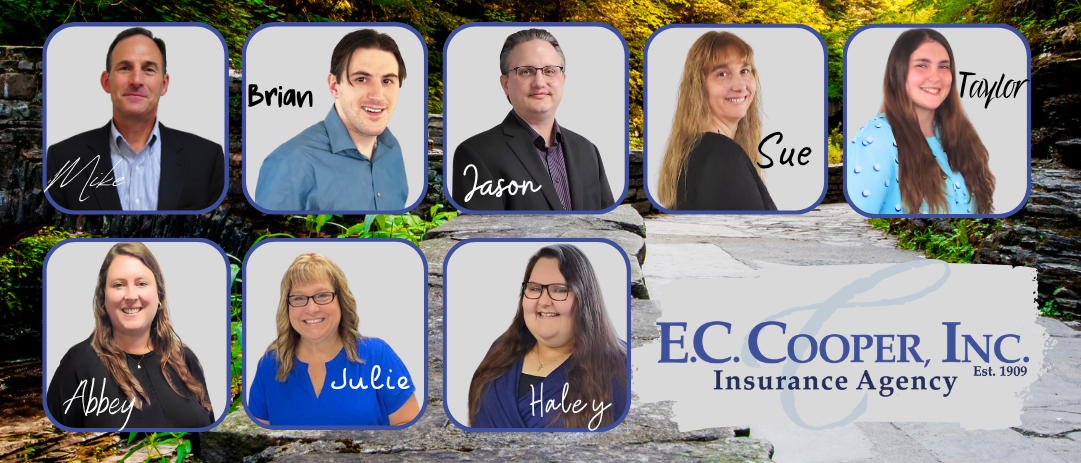 The staff at EC Cooper from left to right top row, Mike Stamp, Brian Stamp, Jason Kimball, Susan Steinruck and Taylor Kelly. Left to right bottom row, Abbey Walker, Julie Wilbur and Haley Rexford. Includes the EC Cooper Inc. Insurance Agency logo, established in 1909 logo on the bottom right side.